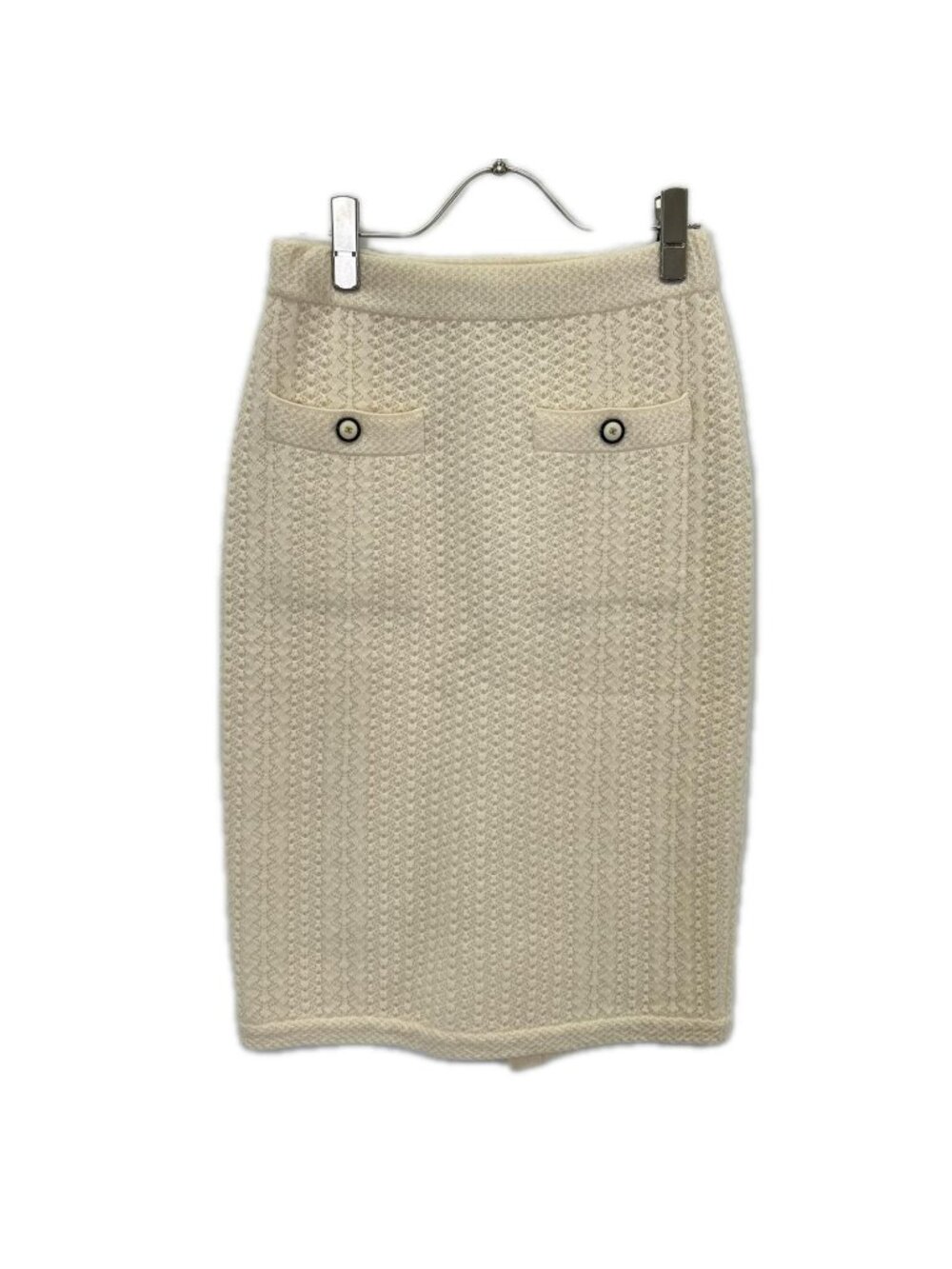 Chanel Ivory Cashmere 100 CC Logo Button Front Pocket Tight Knit Skirt 34